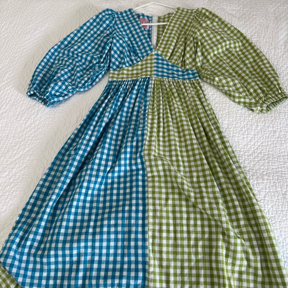 STAUD Blue and Green Gingham Midi Dress